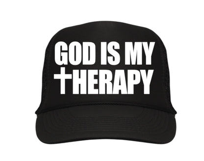 GOD IS MY THERAPY BLACK TRUCKER HAT