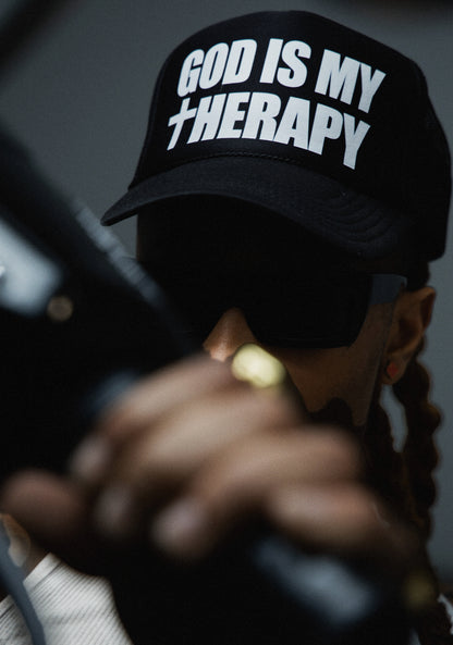 GOD IS MY THERAPY BLACK TRUCKER HAT