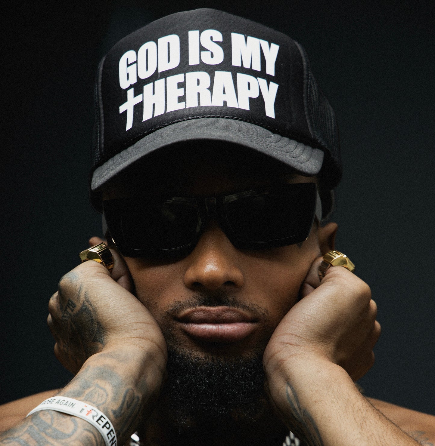 GOD IS MY THERAPY BLACK TRUCKER HAT